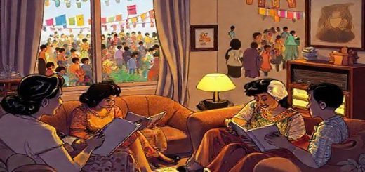 In a cozy 1940s living room, bathed in the soft flickering glow of a radio, a diverse family gathers, engrossed in animated storytelling about a hopeful future. The walls are adorned with optimistic illustrations of technological marvels, blending tradition and innovation, while outside the window, a bustling multicultural festival celebrates unity with colorful banners and diverse participants. Capture this scene in high definition, highlighting the warmth of family bonds and the vibrant atmosphere of community spirit.