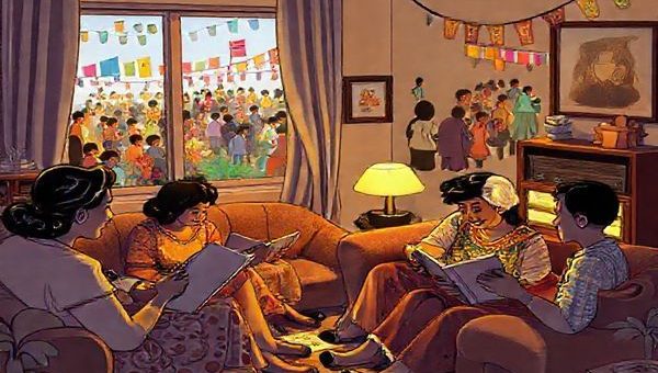 In a cozy 1940s living room, bathed in the soft flickering glow of a radio, a diverse family gathers, engrossed in animated storytelling about a hopeful future. The walls are adorned with optimistic illustrations of technological marvels, blending tradition and innovation, while outside the window, a bustling multicultural festival celebrates unity with colorful banners and diverse participants. Capture this scene in high definition, highlighting the warmth of family bonds and the vibrant atmosphere of community spirit.