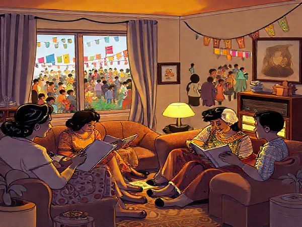 In a cozy 1940s living room, bathed in the soft flickering glow of a radio, a diverse family gathers, engrossed in animated storytelling about a hopeful future. The walls are adorned with optimistic illustrations of technological marvels, blending tradition and innovation, while outside the window, a bustling multicultural festival celebrates unity with colorful banners and diverse participants. Capture this scene in high definition, highlighting the warmth of family bonds and the vibrant atmosphere of community spirit.
