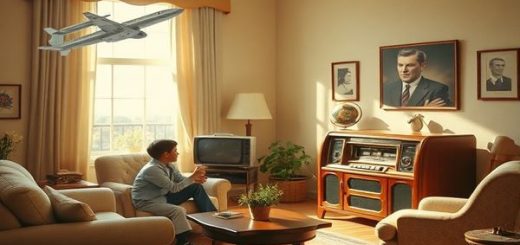 A pastel-hued 1950s living room, complete with vintage furniture and a gleaming wood-encased radio, where a family eagerly listens to a newscaster. The atmosphere is filled with a mix of optimism and unease about the future, symbolized by images of flying cars and advanced technology juxtaposed with shadowy nuclear symbols. Bright sunlight streams through the window, contrasting with a subtle hint of encroaching storm clouds. Capture this dynamic interplay of fate and free will in high definition.
