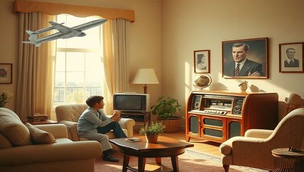 A pastel-hued 1950s living room, complete with vintage furniture and a gleaming wood-encased radio, where a family eagerly listens to a newscaster. The atmosphere is filled with a mix of optimism and unease about the future, symbolized by images of flying cars and advanced technology juxtaposed with shadowy nuclear symbols. Bright sunlight streams through the window, contrasting with a subtle hint of encroaching storm clouds. Capture this dynamic interplay of fate and free will in high definition.