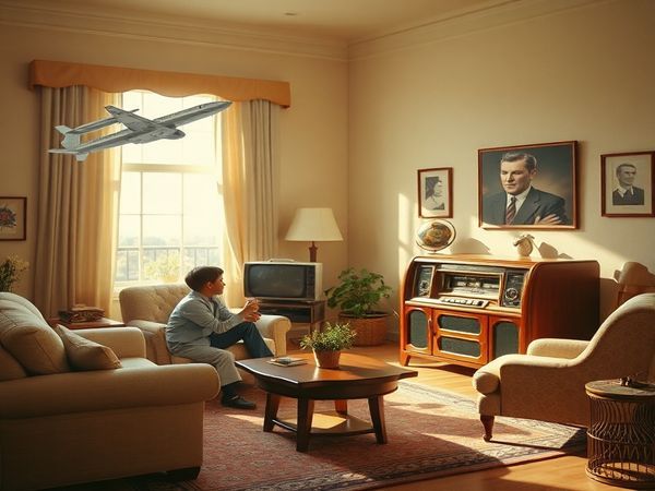 A pastel-hued 1950s living room, complete with vintage furniture and a gleaming wood-encased radio, where a family eagerly listens to a newscaster. The atmosphere is filled with a mix of optimism and unease about the future, symbolized by images of flying cars and advanced technology juxtaposed with shadowy nuclear symbols. Bright sunlight streams through the window, contrasting with a subtle hint of encroaching storm clouds. Capture this dynamic interplay of fate and free will in high definition.