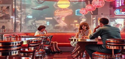 A retro-futuristic diner scene from the 1950s, filled with chrome stools and swirling cigarette smoke, showcasing families discussing tomorrow’s innovations. Imagine futuristic elements like flying cars and robotic maids peeking through the windows, vibrant magazine covers of the era showcasing idealized communities, all enveloped in a warm, nostalgic glow. Render this image in high definition.