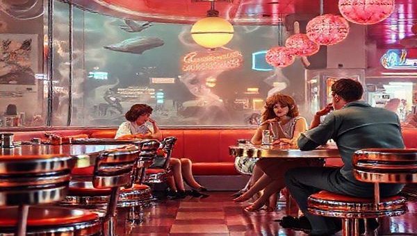 A retro-futuristic diner scene from the 1950s, filled with chrome stools and swirling cigarette smoke, showcasing families discussing tomorrow’s innovations. Imagine futuristic elements like flying cars and robotic maids peeking through the windows, vibrant magazine covers of the era showcasing idealized communities, all enveloped in a warm, nostalgic glow. Render this image in high definition.