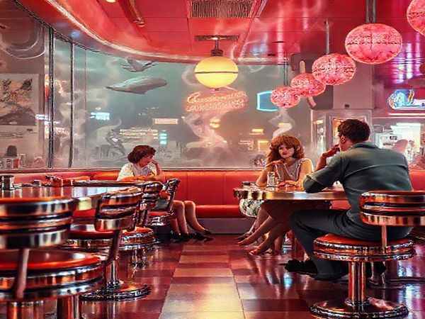 A retro-futuristic diner scene from the 1950s, filled with chrome stools and swirling cigarette smoke, showcasing families discussing tomorrow’s innovations. Imagine futuristic elements like flying cars and robotic maids peeking through the windows, vibrant magazine covers of the era showcasing idealized communities, all enveloped in a warm, nostalgic glow. Render this image in high definition.
