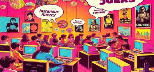 "Visualize a vibrant 1970s scene filled with retro-futuristic elements of language learning: people joyfully engaging with sleek computers, surrounded by disco balls and cultural icons like Star Wars posters. Capture the essence of optimism in education, with thought bubbles depicting dreams of instantaneous fluency and futuristic language tutors. Include a whimsical blend of colorful graphics and playful typography that embodies the spirit of innovation from that era, all rendered in high definition."