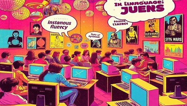"Visualize a vibrant 1970s scene filled with retro-futuristic elements of language learning: people joyfully engaging with sleek computers, surrounded by disco balls and cultural icons like Star Wars posters. Capture the essence of optimism in education, with thought bubbles depicting dreams of instantaneous fluency and futuristic language tutors. Include a whimsical blend of colorful graphics and playful typography that embodies the spirit of innovation from that era, all rendered in high definition."
