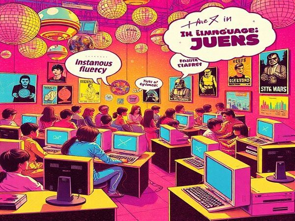 "Visualize a vibrant 1970s scene filled with retro-futuristic elements of language learning: people joyfully engaging with sleek computers, surrounded by disco balls and cultural icons like Star Wars posters. Capture the essence of optimism in education, with thought bubbles depicting dreams of instantaneous fluency and futuristic language tutors. Include a whimsical blend of colorful graphics and playful typography that embodies the spirit of innovation from that era, all rendered in high definition."
