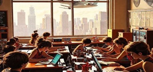 A vibrant 1920s classroom setting, filled with flapper-styled students engaging with futuristic technologies, like pneumatic tubes delivering lessons and interactive, moving-picture textbooks. The room is adorned with art deco designs, with students using early versions of modern devices amidst a lively atmosphere of jazz music. In the background, a window showcases a flying car soaring above skyscrapers, symbolizing the blend of past visions and modern reality. High definition.