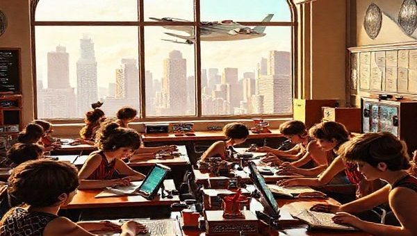 A vibrant 1920s classroom setting, filled with flapper-styled students engaging with futuristic technologies, like pneumatic tubes delivering lessons and interactive, moving-picture textbooks. The room is adorned with art deco designs, with students using early versions of modern devices amidst a lively atmosphere of jazz music. In the background, a window showcases a flying car soaring above skyscrapers, symbolizing the blend of past visions and modern reality. High definition.