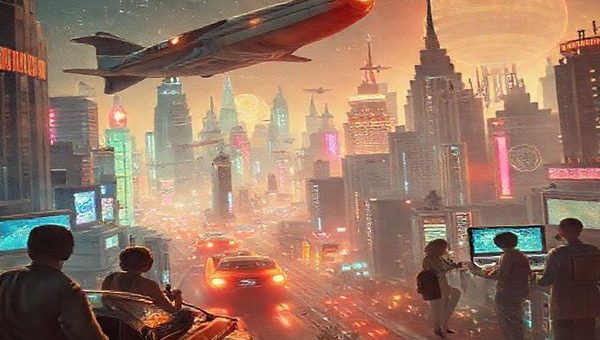 "An imaginative 1930s vision of the future, depicting futuristic cityscapes with flying cars, juxtaposed against a backdrop of moral dilemmas represented by high-tech surveillance and glowing screens. Show varied characters engaging in conversations about ethics amidst the vibrant chaos. High definition, showcasing a blend of art deco aesthetics and modern technology with ethereal lighting."