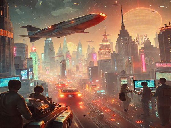 "An imaginative 1930s vision of the future, depicting futuristic cityscapes with flying cars, juxtaposed against a backdrop of moral dilemmas represented by high-tech surveillance and glowing screens. Show varied characters engaging in conversations about ethics amidst the vibrant chaos. High definition, showcasing a blend of art deco aesthetics and modern technology with ethereal lighting."