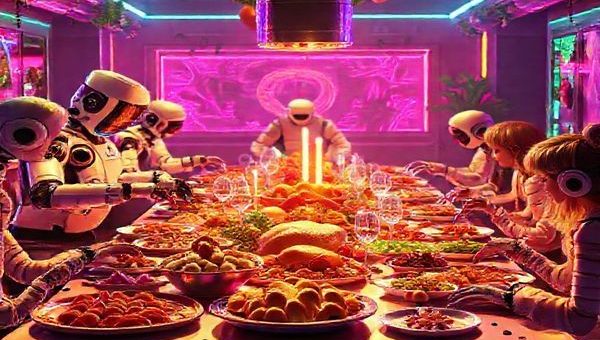 A vibrant 1980s-inspired holiday feast table, overflowing with futuristic culinary creations, neon colors, and whimsical designs. Include robotic chefs preparing molecular gastronomy dishes alongside traditional festive foods like turkey and pies. The scene should blend nostalgia and modernity, showcasing synthesize ingredients and high-tech kitchen gadgets. Atmosphere filled with a sense of anticipation and joy as families gather around this imaginative table. Render in high definition.