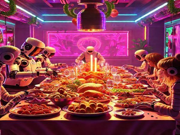 A vibrant 1980s-inspired holiday feast table, overflowing with futuristic culinary creations, neon colors, and whimsical designs. Include robotic chefs preparing molecular gastronomy dishes alongside traditional festive foods like turkey and pies. The scene should blend nostalgia and modernity, showcasing synthesize ingredients and high-tech kitchen gadgets. Atmosphere filled with a sense of anticipation and joy as families gather around this imaginative table. Render in high definition.