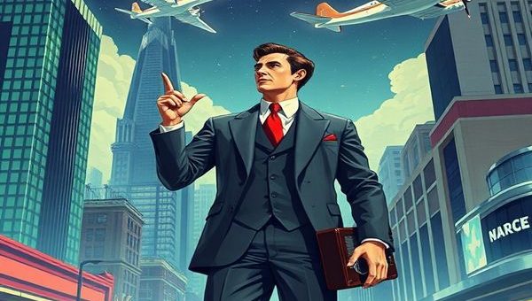 A high-definition illustration capturing the essence of the 1930s vision of masculinity: a dapper gentleman in a sharp suit stands confidently amidst a futuristic cityscape featuring art deco skyscrapers and sleek, aerodynamic designs. He's holding a vintage radio in one hand while the other gesturing towards a shiny aircraft soaring above. The background showcases a blend of economic hardship and creative energy, with hints of technological advancement peeking through the vintage aesthetic. The scene is alive with vibrant colors and rich details, depicting a transformative time where tradition meets modernity.