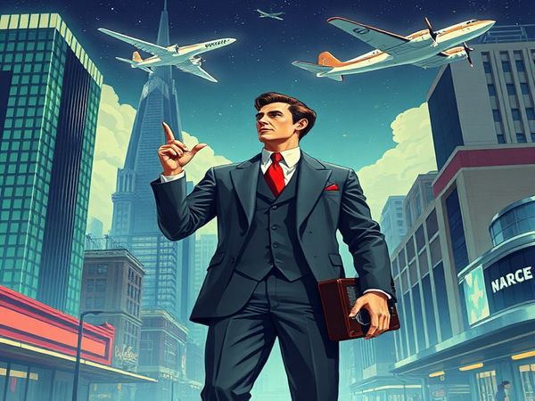 A high-definition illustration capturing the essence of the 1930s vision of masculinity: a dapper gentleman in a sharp suit stands confidently amidst a futuristic cityscape featuring art deco skyscrapers and sleek, aerodynamic designs. He's holding a vintage radio in one hand while the other gesturing towards a shiny aircraft soaring above. The background showcases a blend of economic hardship and creative energy, with hints of technological advancement peeking through the vintage aesthetic. The scene is alive with vibrant colors and rich details, depicting a transformative time where tradition meets modernity.