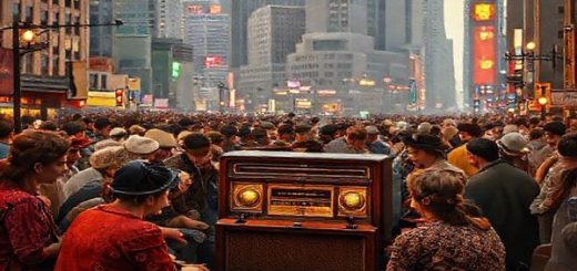 "Create a high definition image that captures the vibrant spirit of the 1920s, blending elements of traditional community gatherings and modern technology. Envision people in historical 1920s attire, gathered around a vintage radio, sharing ideas and faith, with a bustling urban backdrop featuring early skyscrapers and warm, inviting spaces reflecting community connection. Infuse the scene with a rich tapestry of colors to represent optimism and the fascinating contrasts of the decade."