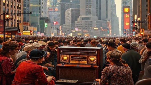 "Create a high definition image that captures the vibrant spirit of the 1920s, blending elements of traditional community gatherings and modern technology. Envision people in historical 1920s attire, gathered around a vintage radio, sharing ideas and faith, with a bustling urban backdrop featuring early skyscrapers and warm, inviting spaces reflecting community connection. Infuse the scene with a rich tapestry of colors to represent optimism and the fascinating contrasts of the decade."