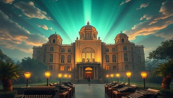 "Create a high definition image depicting a 1930s vision of mental health, featuring a grand asylum surrounded by a futuristic landscape symbolizing hope and progress. Include elements like early cinema lights, typewriters, and ethereal figures transitioning from shadows into light, reflecting the evolution from despair to compassion. The scene should blend Art Deco architecture with lush greenery, showcasing the contrast between the past and a hopeful future."