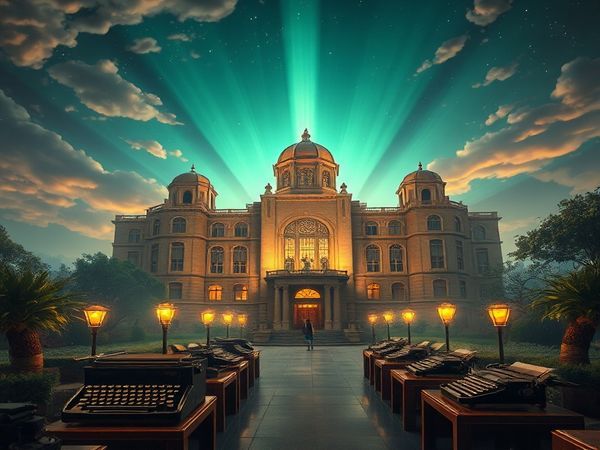 "Create a high definition image depicting a 1930s vision of mental health, featuring a grand asylum surrounded by a futuristic landscape symbolizing hope and progress. Include elements like early cinema lights, typewriters, and ethereal figures transitioning from shadows into light, reflecting the evolution from despair to compassion. The scene should blend Art Deco architecture with lush greenery, showcasing the contrast between the past and a hopeful future."