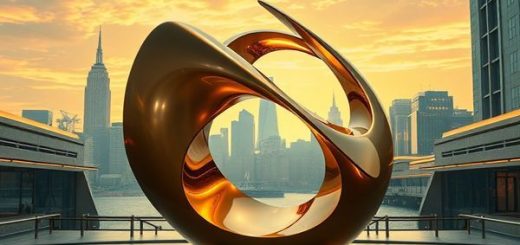 "Create a high-definition image of a mesmerizing 1940s-inspired futuristic sculpture, blending elements of bronze and sleek, high-tech materials. Envision a dynamic, kinetic form that embodies movement and light, set against a backdrop of a retro-futuristic cityscape, with hints of nature interwoven, reflecting the era's nostalgia and optimism for the future. Capture the essence of innovation intertwined with traditional craftsmanship."