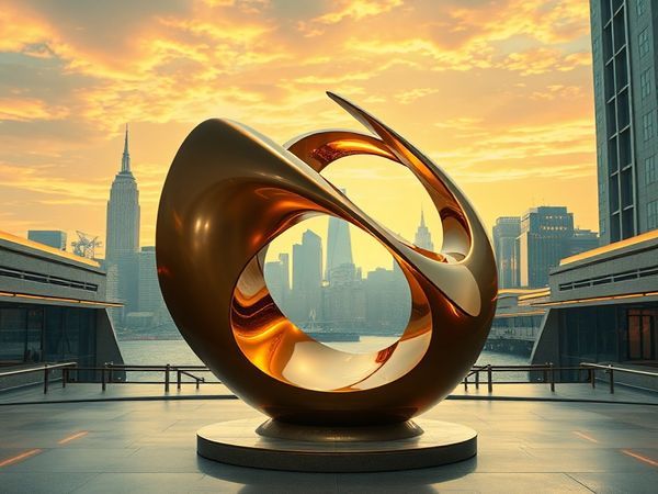 "Create a high-definition image of a mesmerizing 1940s-inspired futuristic sculpture, blending elements of bronze and sleek, high-tech materials. Envision a dynamic, kinetic form that embodies movement and light, set against a backdrop of a retro-futuristic cityscape, with hints of nature interwoven, reflecting the era's nostalgia and optimism for the future. Capture the essence of innovation intertwined with traditional craftsmanship."