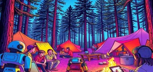 **Create a high-definition image of a whimsical summer camp scene blending 1980s futuristic elements with traditional camp activities. Picture vibrant neon colors, kids engaging in tech workshops surrounded by towering pine trees, personal communicators in hand, while others enjoy canoeing and campfire songs. Include robots assisting in activities and retro gadgets scattered around the camp. Capture the lively contrasts between technology and nature, embodying the essence of summer camp evolution.**