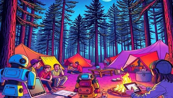 **Create a high-definition image of a whimsical summer camp scene blending 1980s futuristic elements with traditional camp activities. Picture vibrant neon colors, kids engaging in tech workshops surrounded by towering pine trees, personal communicators in hand, while others enjoy canoeing and campfire songs. Include robots assisting in activities and retro gadgets scattered around the camp. Capture the lively contrasts between technology and nature, embodying the essence of summer camp evolution.**