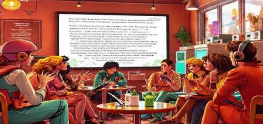 Imagine a vibrant 1960s café scene where spirited individuals gather, exchanging ideas about the future of literature. In the foreground, a group of eclectic dreamers, dressed in colorful, fashionable outfits of the era, passionately engage in discussion, surrounded by futuristic gadgets like jetpacks and early computers. In the background, a large screen displays animated text and visuals, showcasing their imaginations of interactive eBooks and multimedia storytelling. The atmosphere is infused with a sense of optimism and creativity, capturing the spirit of the decade. Make the image in high definition.