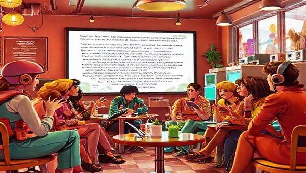 Imagine a vibrant 1960s café scene where spirited individuals gather, exchanging ideas about the future of literature. In the foreground, a group of eclectic dreamers, dressed in colorful, fashionable outfits of the era, passionately engage in discussion, surrounded by futuristic gadgets like jetpacks and early computers. In the background, a large screen displays animated text and visuals, showcasing their imaginations of interactive eBooks and multimedia storytelling. The atmosphere is infused with a sense of optimism and creativity, capturing the spirit of the decade. Make the image in high definition.