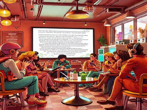 Imagine a vibrant 1960s café scene where spirited individuals gather, exchanging ideas about the future of literature. In the foreground, a group of eclectic dreamers, dressed in colorful, fashionable outfits of the era, passionately engage in discussion, surrounded by futuristic gadgets like jetpacks and early computers. In the background, a large screen displays animated text and visuals, showcasing their imaginations of interactive eBooks and multimedia storytelling. The atmosphere is infused with a sense of optimism and creativity, capturing the spirit of the decade. Make the image in high definition.