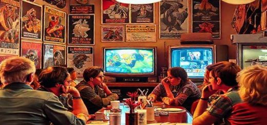 A vibrant 1970s coffee shop scene, bustling with life, where an eclectic mix of people engage in animated discussions about the future of advertising. Vintage posters with imaginative, futuristic advertisements adorn the walls, blending retro aesthetics with sci-fi elements. In the background, a flickering television displays colorful commercials. High definition.