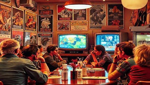 A vibrant 1970s coffee shop scene, bustling with life, where an eclectic mix of people engage in animated discussions about the future of advertising. Vintage posters with imaginative, futuristic advertisements adorn the walls, blending retro aesthetics with sci-fi elements. In the background, a flickering television displays colorful commercials. High definition.