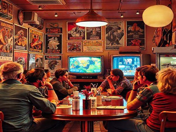 A vibrant 1970s coffee shop scene, bustling with life, where an eclectic mix of people engage in animated discussions about the future of advertising. Vintage posters with imaginative, futuristic advertisements adorn the walls, blending retro aesthetics with sci-fi elements. In the background, a flickering television displays colorful commercials. High definition.