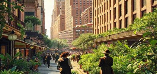 Create a high-definition image of a bustling 1930s city scene infused with elements of biotechnology. Visualize Art Deco architecture adorned with vibrant greenery, showcasing bioengineered plants thriving in city gardens. Include individuals in period attire, discussing futuristic inventions like miraculous serums and pest-resistant crops, set against a backdrop of jazz music notes floating in the air. Capture both optimism and a hint of caution, merging the past's imaginative dreams with a hopeful vision of the future.