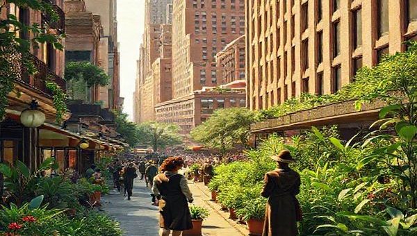 Create a high-definition image of a bustling 1930s city scene infused with elements of biotechnology. Visualize Art Deco architecture adorned with vibrant greenery, showcasing bioengineered plants thriving in city gardens. Include individuals in period attire, discussing futuristic inventions like miraculous serums and pest-resistant crops, set against a backdrop of jazz music notes floating in the air. Capture both optimism and a hint of caution, merging the past's imaginative dreams with a hopeful vision of the future.