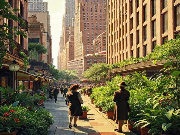 Create a high-definition image of a bustling 1930s city scene infused with elements of biotechnology. Visualize Art Deco architecture adorned with vibrant greenery, showcasing bioengineered plants thriving in city gardens. Include individuals in period attire, discussing futuristic inventions like miraculous serums and pest-resistant crops, set against a backdrop of jazz music notes floating in the air. Capture both optimism and a hint of caution, merging the past's imaginative dreams with a hopeful vision of the future.