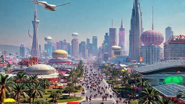 "Create a high-definition image of a vibrant 1970s-inspired futuristic city, blending retro design elements like colorful geometric shapes and vintage cars with modern technology like drones and solar panels. The skyline should feature towering structures inspired by 70s architecture, surrounded by lush greenery and people in vintage fashion mingling with tech-savvy individuals. Capture a sense of optimism and innovation, reflecting both the predictions and misconceptions of the era."