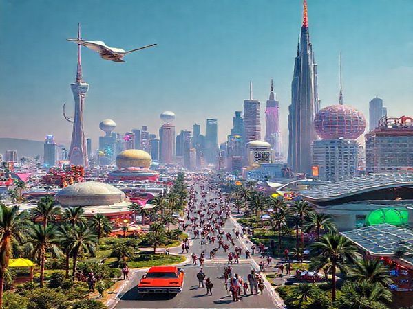 "Create a high-definition image of a vibrant 1970s-inspired futuristic city, blending retro design elements like colorful geometric shapes and vintage cars with modern technology like drones and solar panels. The skyline should feature towering structures inspired by 70s architecture, surrounded by lush greenery and people in vintage fashion mingling with tech-savvy individuals. Capture a sense of optimism and innovation, reflecting both the predictions and misconceptions of the era."