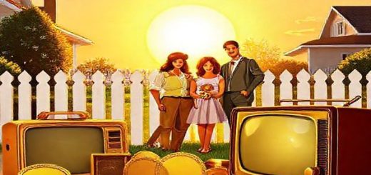 A vibrant 1950s American suburban scene, featuring a stylish family in front of a white picket fence, with a glowing golden sun setting behind them, symbolizing prosperity and hope. In the foreground, an array of gold items like coins, jewelry, and elegant vintage television sets, reflecting the era's optimism and fascination with the future of gold. Include subtle hints of atomic age technology and Cold War motifs. High definition.