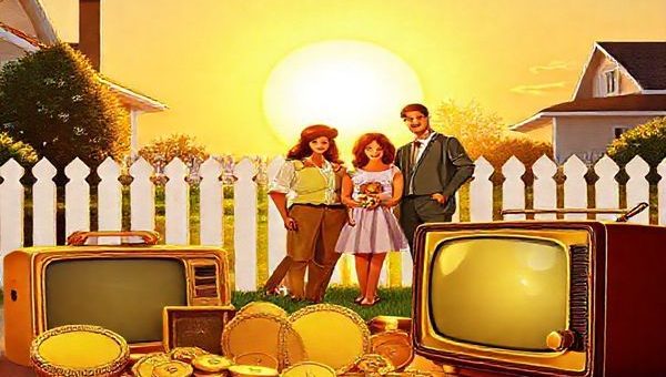 A vibrant 1950s American suburban scene, featuring a stylish family in front of a white picket fence, with a glowing golden sun setting behind them, symbolizing prosperity and hope. In the foreground, an array of gold items like coins, jewelry, and elegant vintage television sets, reflecting the era's optimism and fascination with the future of gold. Include subtle hints of atomic age technology and Cold War motifs. High definition.