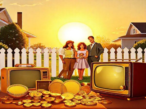 A vibrant 1950s American suburban scene, featuring a stylish family in front of a white picket fence, with a glowing golden sun setting behind them, symbolizing prosperity and hope. In the foreground, an array of gold items like coins, jewelry, and elegant vintage television sets, reflecting the era's optimism and fascination with the future of gold. Include subtle hints of atomic age technology and Cold War motifs. High definition.
