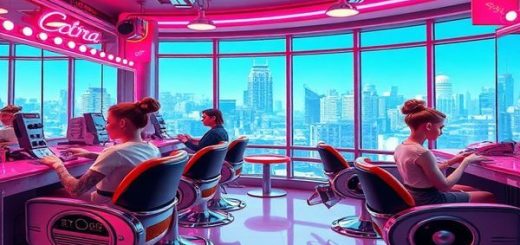 A vibrant, high-definition illustration showcasing a retro-futuristic barbershop from the 1950s, featuring sleek, chrome machinery and robotic arms delicately styling hair with laser precision. Bright neon lights illuminate the scene, while customers in classic 50s attire enjoy haircuts in futuristic chairs that resemble pods. In the background, a futuristic cityscape can be seen through large windows, blending dreams of the past with modern artistic flair and unconventional hairstyles, embodying the nostalgia and optimism of mid-century visions of the future.