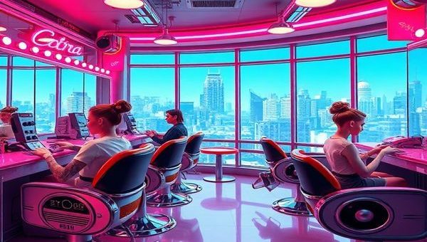 A vibrant, high-definition illustration showcasing a retro-futuristic barbershop from the 1950s, featuring sleek, chrome machinery and robotic arms delicately styling hair with laser precision. Bright neon lights illuminate the scene, while customers in classic 50s attire enjoy haircuts in futuristic chairs that resemble pods. In the background, a futuristic cityscape can be seen through large windows, blending dreams of the past with modern artistic flair and unconventional hairstyles, embodying the nostalgia and optimism of mid-century visions of the future.