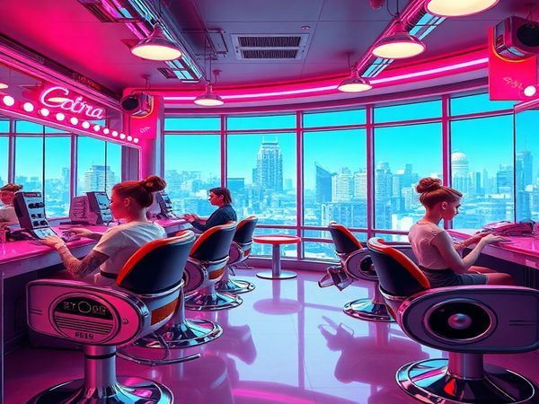 A vibrant, high-definition illustration showcasing a retro-futuristic barbershop from the 1950s, featuring sleek, chrome machinery and robotic arms delicately styling hair with laser precision. Bright neon lights illuminate the scene, while customers in classic 50s attire enjoy haircuts in futuristic chairs that resemble pods. In the background, a futuristic cityscape can be seen through large windows, blending dreams of the past with modern artistic flair and unconventional hairstyles, embodying the nostalgia and optimism of mid-century visions of the future.