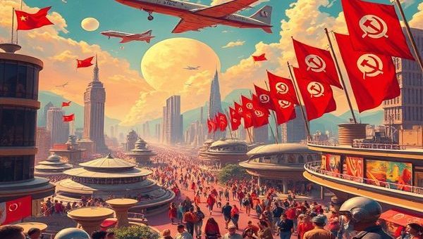 Create a high-definition image depicting a vibrant 1960s socialist utopia. Envision a futuristic cityscape filled with sleek modernist architecture, lush communal living spaces, and people of diverse backgrounds collaborating together. Incorporate elements of space exploration, like spaceships adorned with red flags soaring above, symbolizing hope and innovation. The scene should blend optimism and skepticism, with hints of Cold War tension subtly woven in, reflecting both the aspirations and realities of the era. Make it colorful and alive, capturing the spirit of a transformative decade.