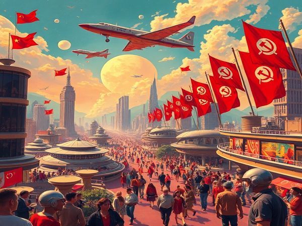 Create a high-definition image depicting a vibrant 1960s socialist utopia. Envision a futuristic cityscape filled with sleek modernist architecture, lush communal living spaces, and people of diverse backgrounds collaborating together. Incorporate elements of space exploration, like spaceships adorned with red flags soaring above, symbolizing hope and innovation. The scene should blend optimism and skepticism, with hints of Cold War tension subtly woven in, reflecting both the aspirations and realities of the era. Make it colorful and alive, capturing the spirit of a transformative decade.