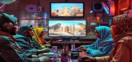 Create a high definition image depicting a vibrant 1980s café scene infused with futuristic technology elements. Include diverse individuals engaging in animated discussions about Islam, with satellite dishes and personal computers in the background, while a film playing on a screen showcases both traditional and modern interpretations of Islamic culture. Capture the contrast between optimism and apprehension reflected in their expressions and attire, blending retro aesthetics with forward-looking digital motifs.