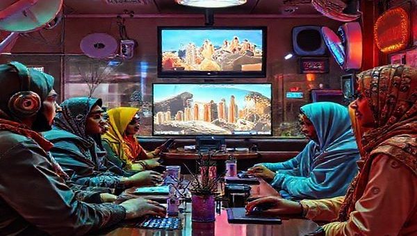 Create a high definition image depicting a vibrant 1980s café scene infused with futuristic technology elements. Include diverse individuals engaging in animated discussions about Islam, with satellite dishes and personal computers in the background, while a film playing on a screen showcases both traditional and modern interpretations of Islamic culture. Capture the contrast between optimism and apprehension reflected in their expressions and attire, blending retro aesthetics with forward-looking digital motifs.