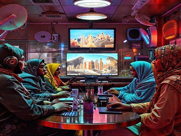 Create a high definition image depicting a vibrant 1980s café scene infused with futuristic technology elements. Include diverse individuals engaging in animated discussions about Islam, with satellite dishes and personal computers in the background, while a film playing on a screen showcases both traditional and modern interpretations of Islamic culture. Capture the contrast between optimism and apprehension reflected in their expressions and attire, blending retro aesthetics with forward-looking digital motifs.